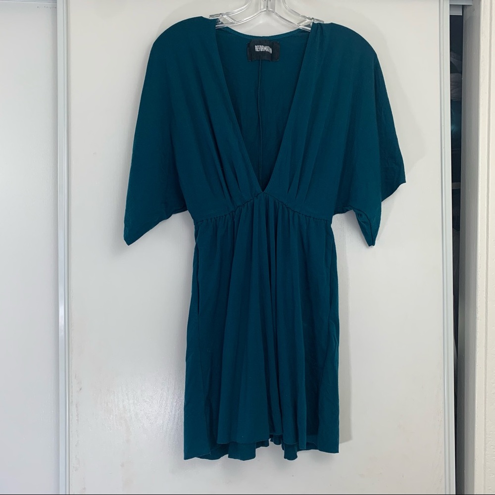 Reformation Green Jersey Knit Dress Deep V-Neck
